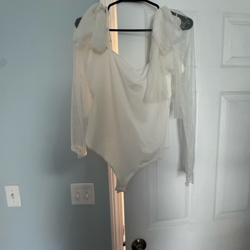 Elegant White Bodysuit with Sheer Sleeves